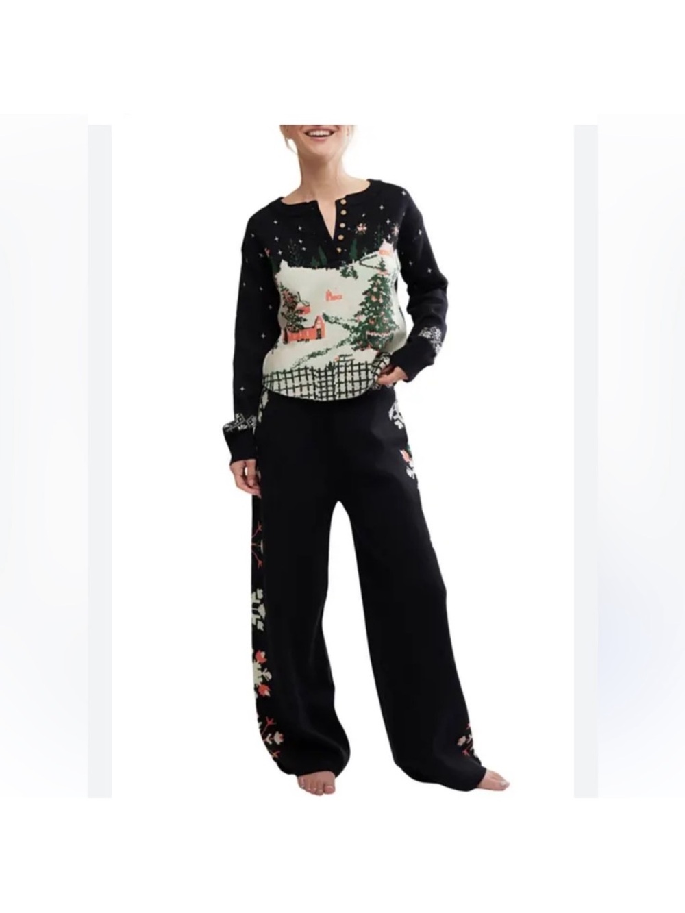 Free People Black Holiday Knit Pajama Set with Scenic Sweater